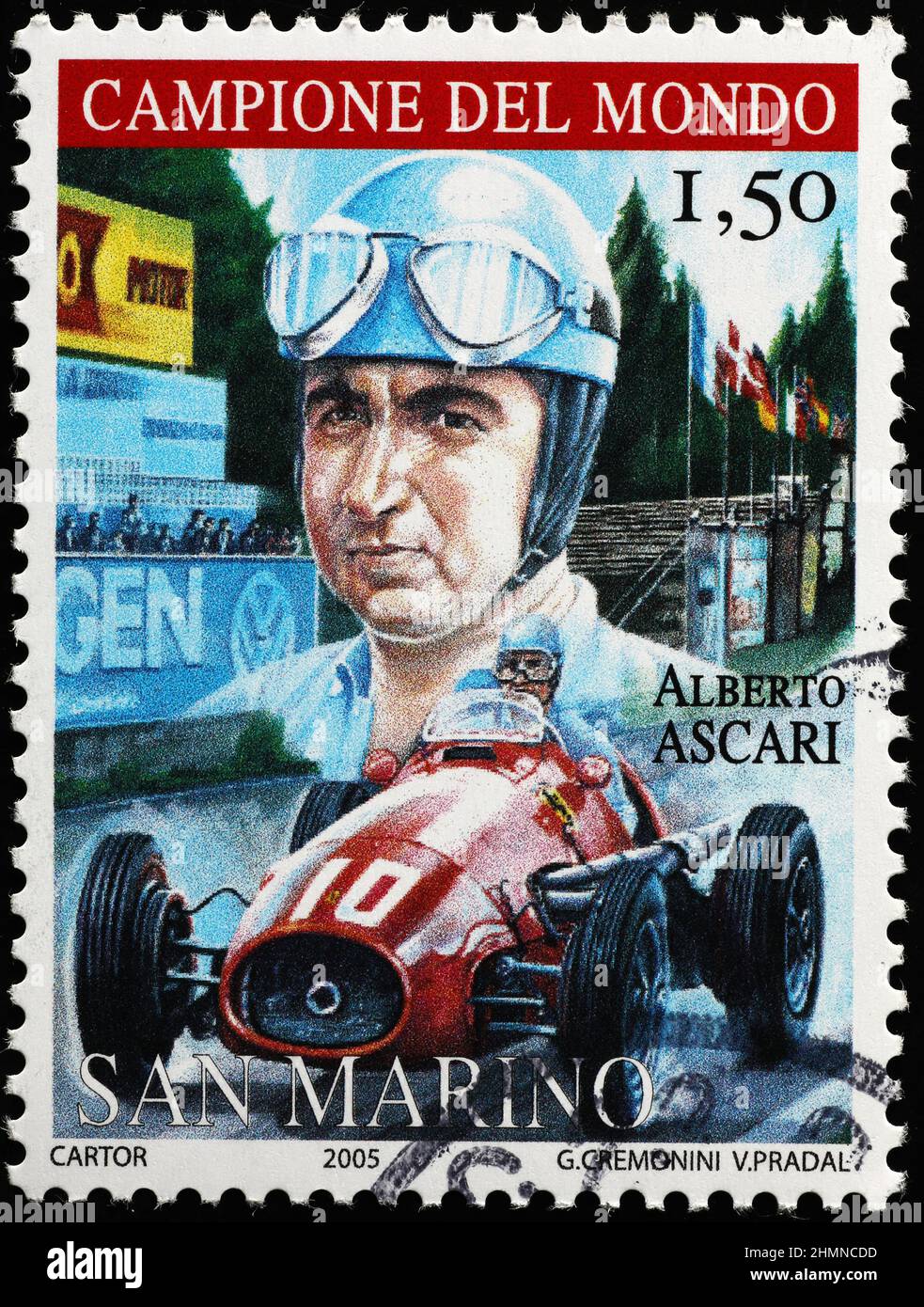 Alberto Ascari portrait on postage stamp of San Marino Stock Photo