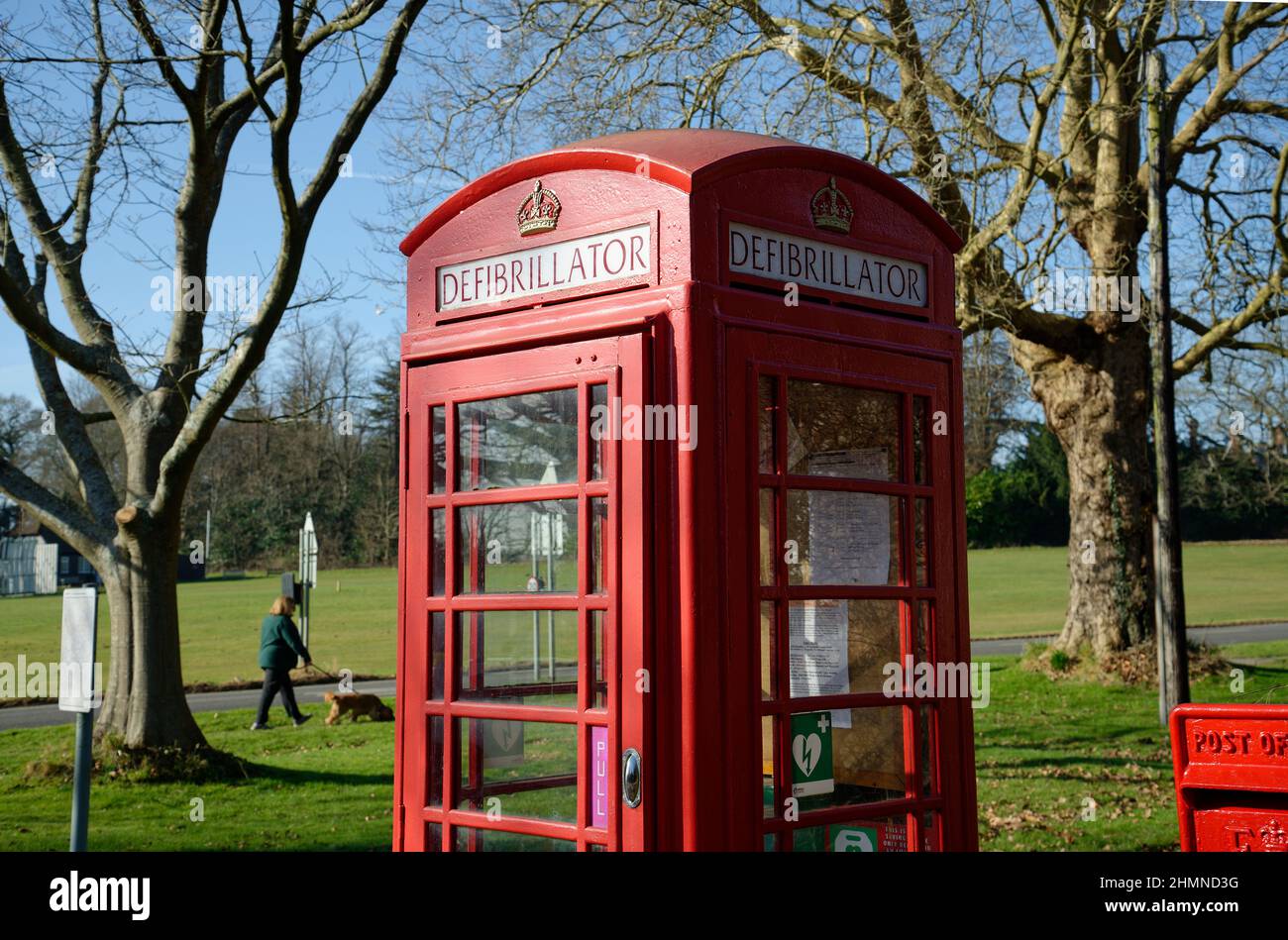 A red telephone box that has been converted to house a Defibrillator. Situated on the village green of Staplefield, West Sussex, UK Stock Photo