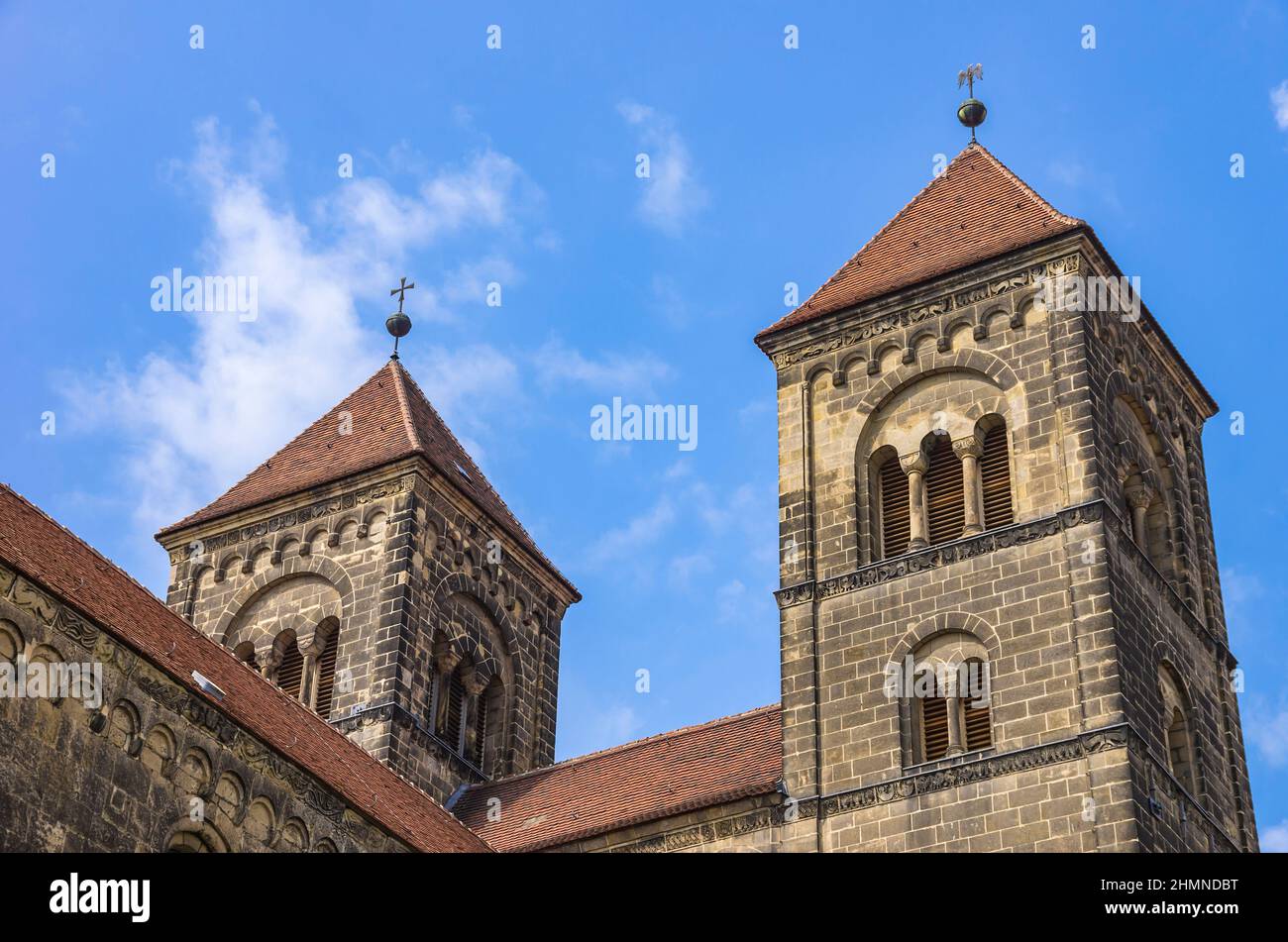 The steeples of the Collegiate Church of St. Servatius, Quedlinburg, Saxony-Anhalt, Germany. Stock Photo