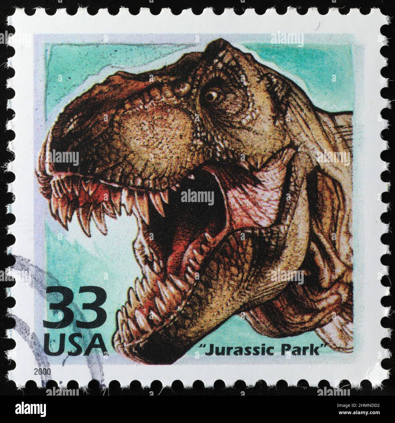 Celebration of movie Jurassic Park on american stamp Stock Photo