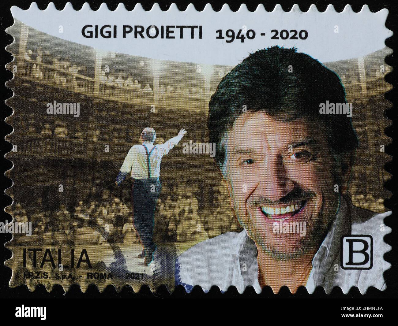 Italian showman Gigi Proietti on postage stamp Stock Photo