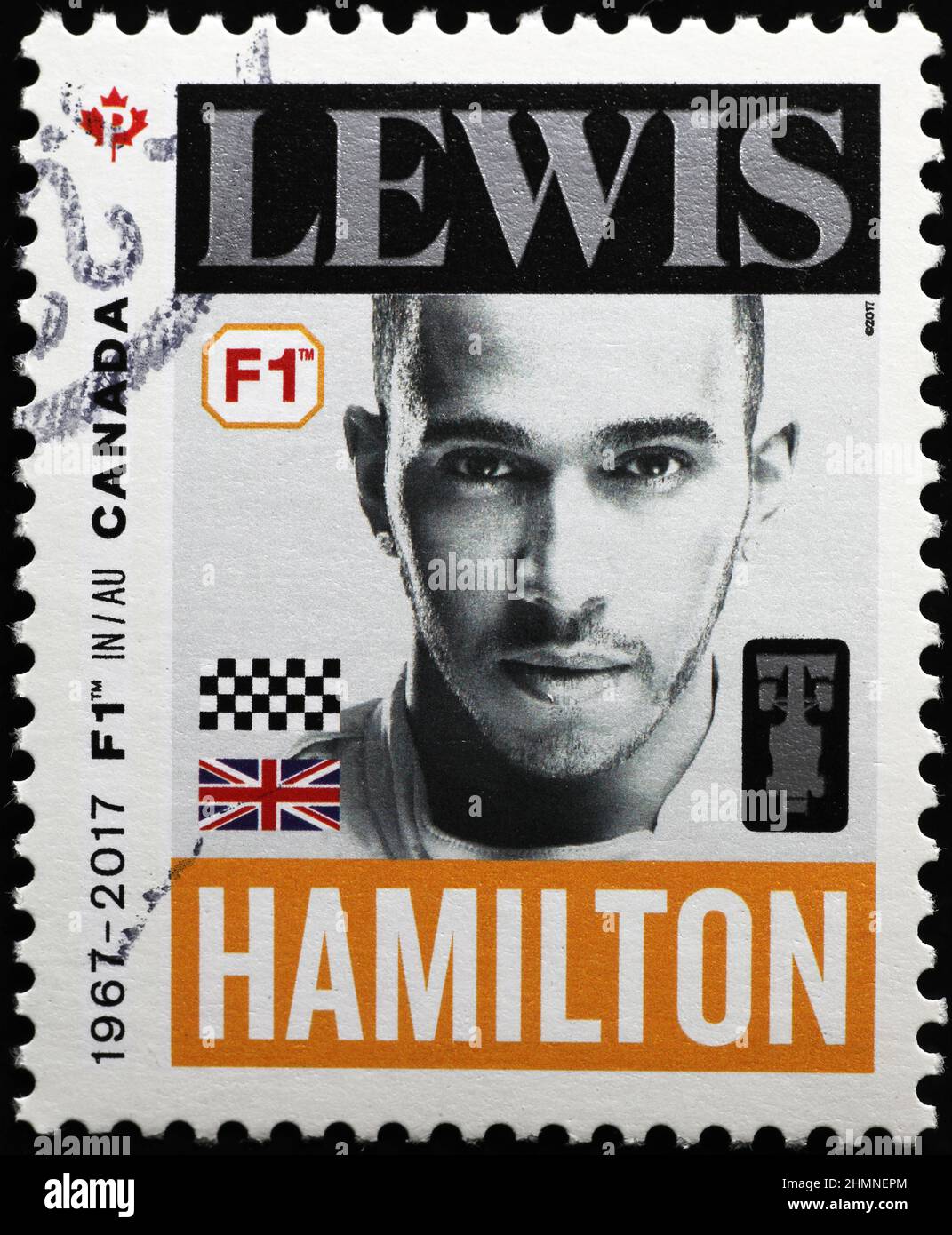 Lewis Hamilton portrait on postage stamp Stock Photo
