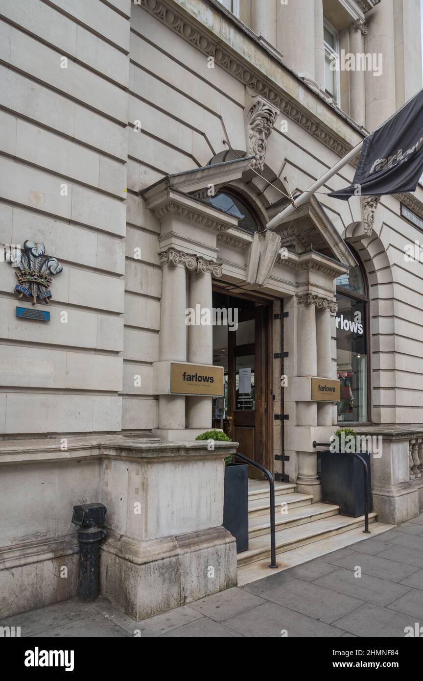 Exterior of Farlows of Pall Mall, an outdoor pursuits store with royal