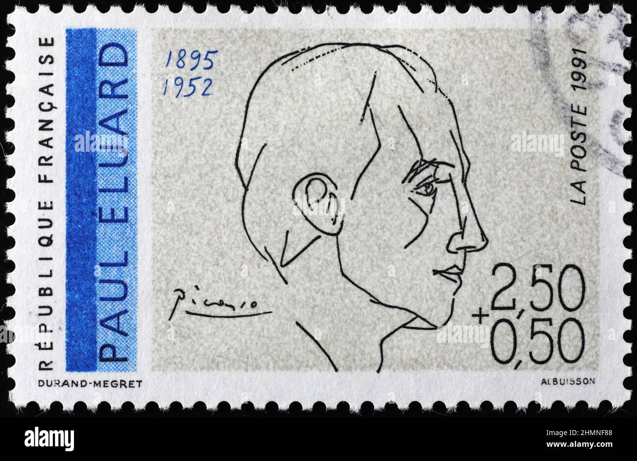 Portrait of Paul Eluard by Picasso on postage stamp Stock Photo