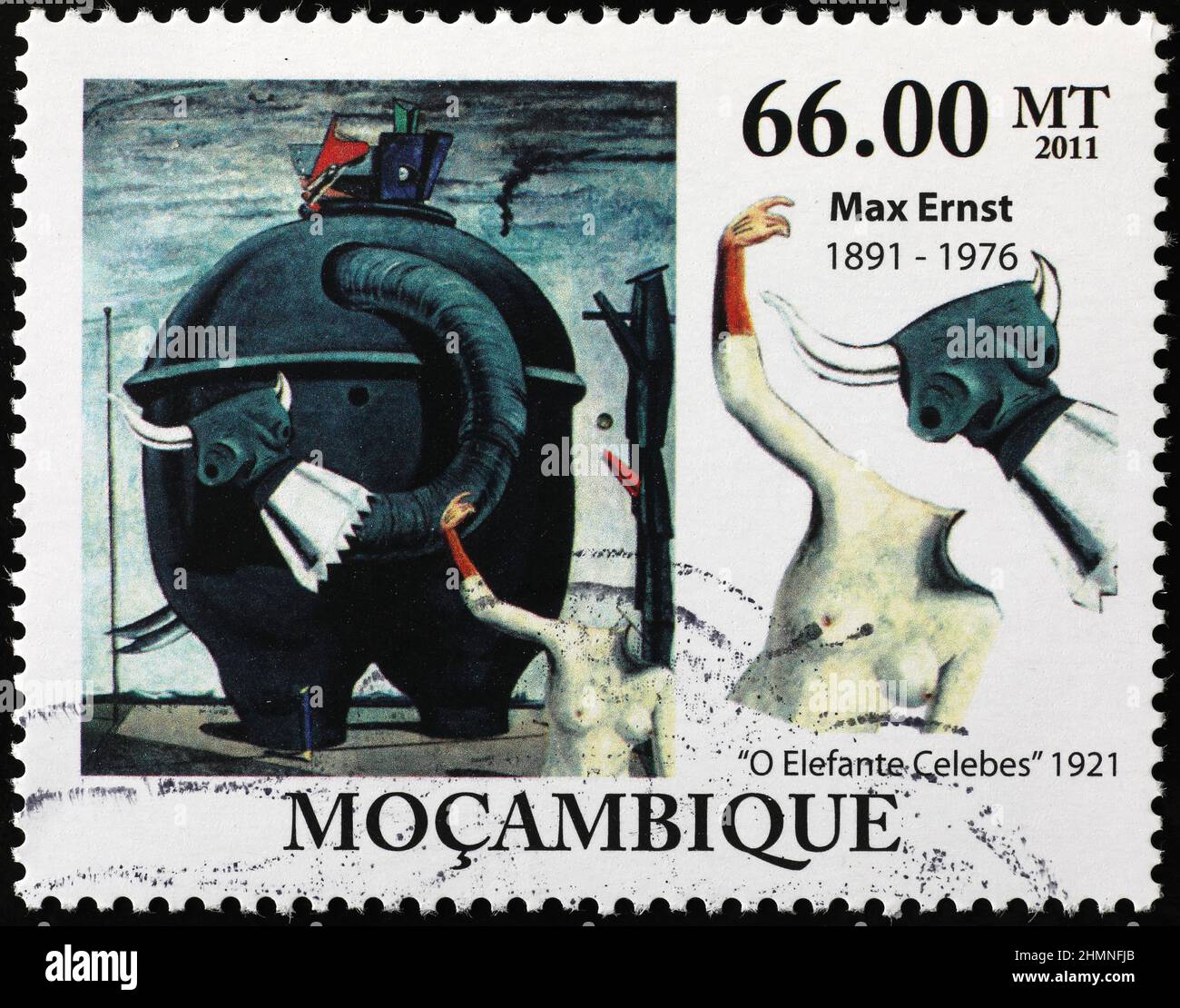 Strange painting by Max Ernst on postage stamp Stock Photo