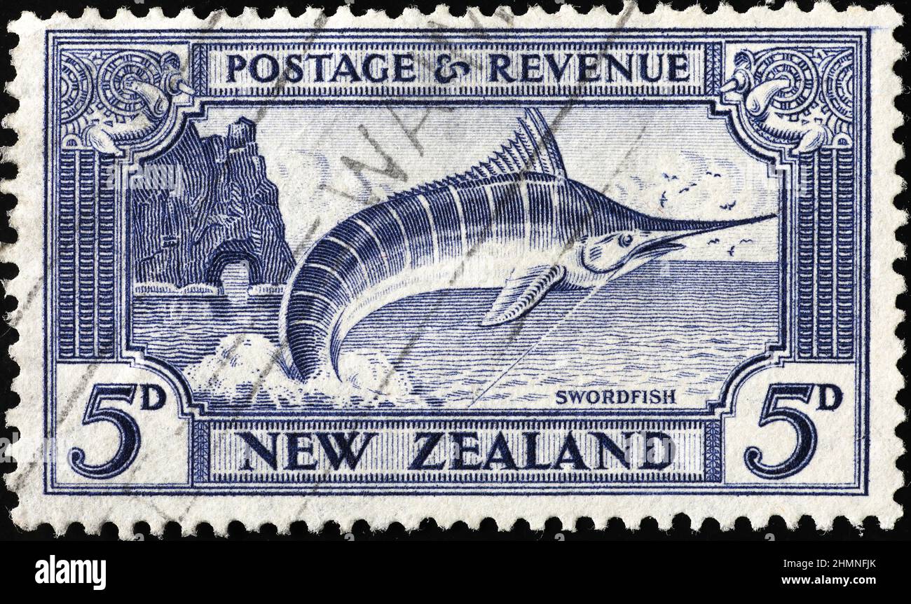 Swordfish on vintage New Zealand postage stamp Stock Photo