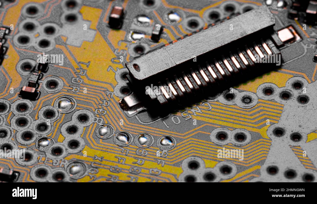 Macro Close up of printed wiring and components on PC circuit board ...