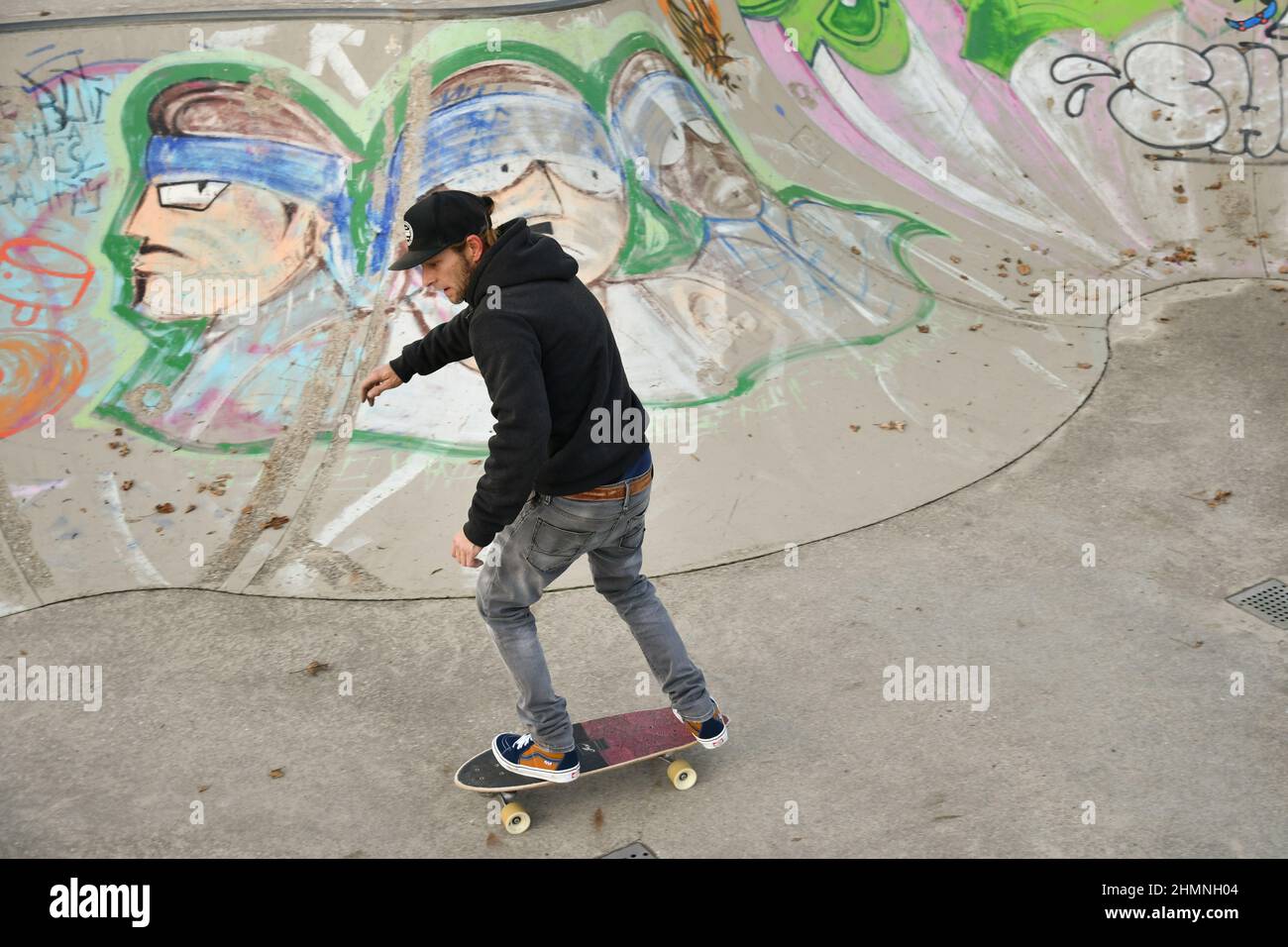 Vaduz, Liechtenstein, November 19, 2021 Guy on a skateboard is