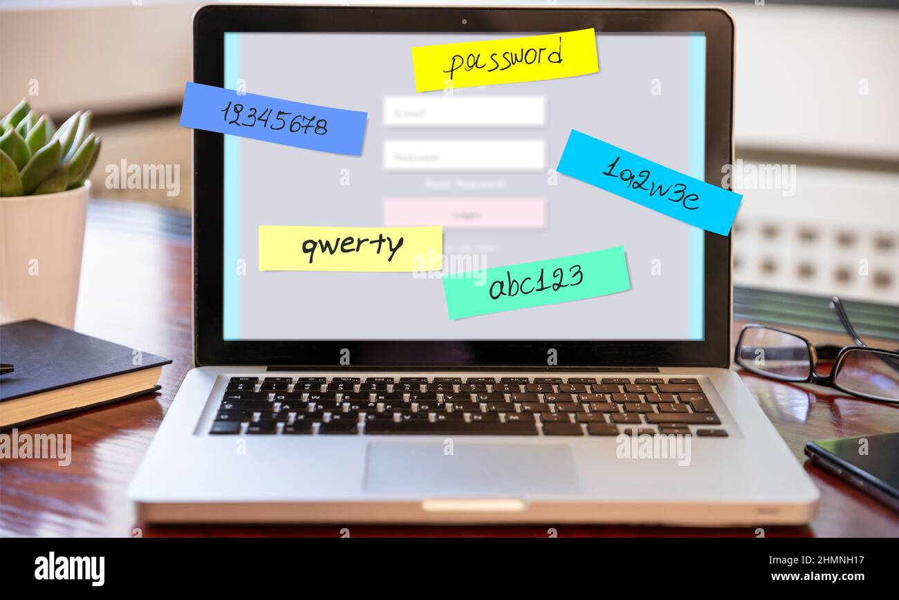 Password weak, bad cyber security. Laptop screen with memo sticks