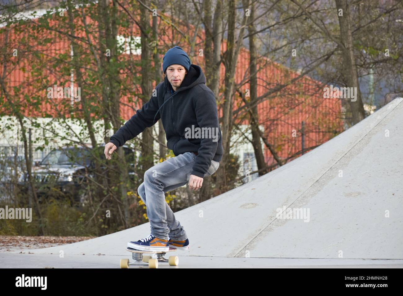 Vaduz, Liechtenstein, November 19, 2021 Guy on a skateboard is