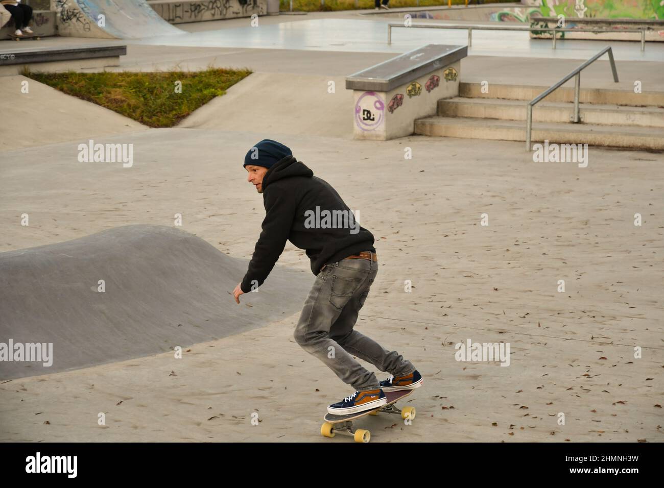 Vaduz, Liechtenstein, November 19, 2021 Guy on a skateboard is