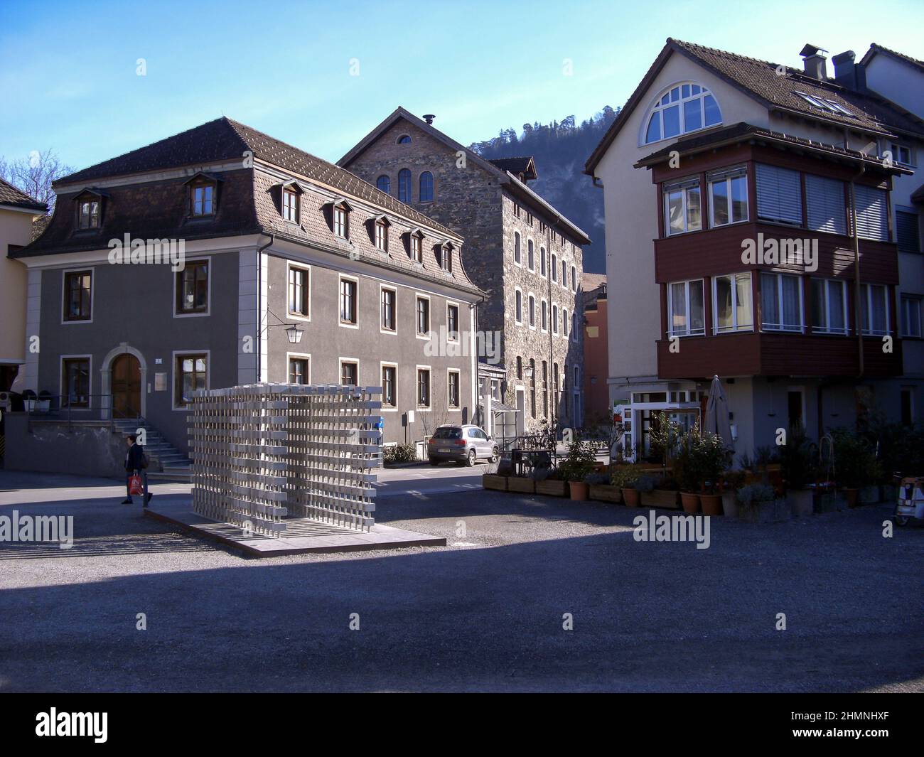 Feldkirch, Austria, February 26, 2019 Buildings on a small square in the city center Stock Photo