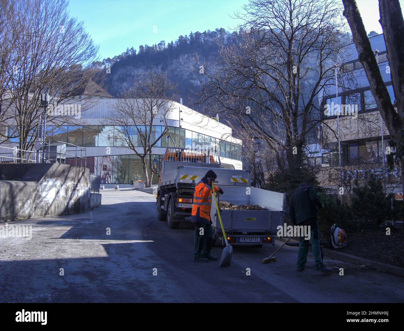 Feldkirch, Austria, February 26, 2019 Working people are cleaning the streets in the city center Stock Photo