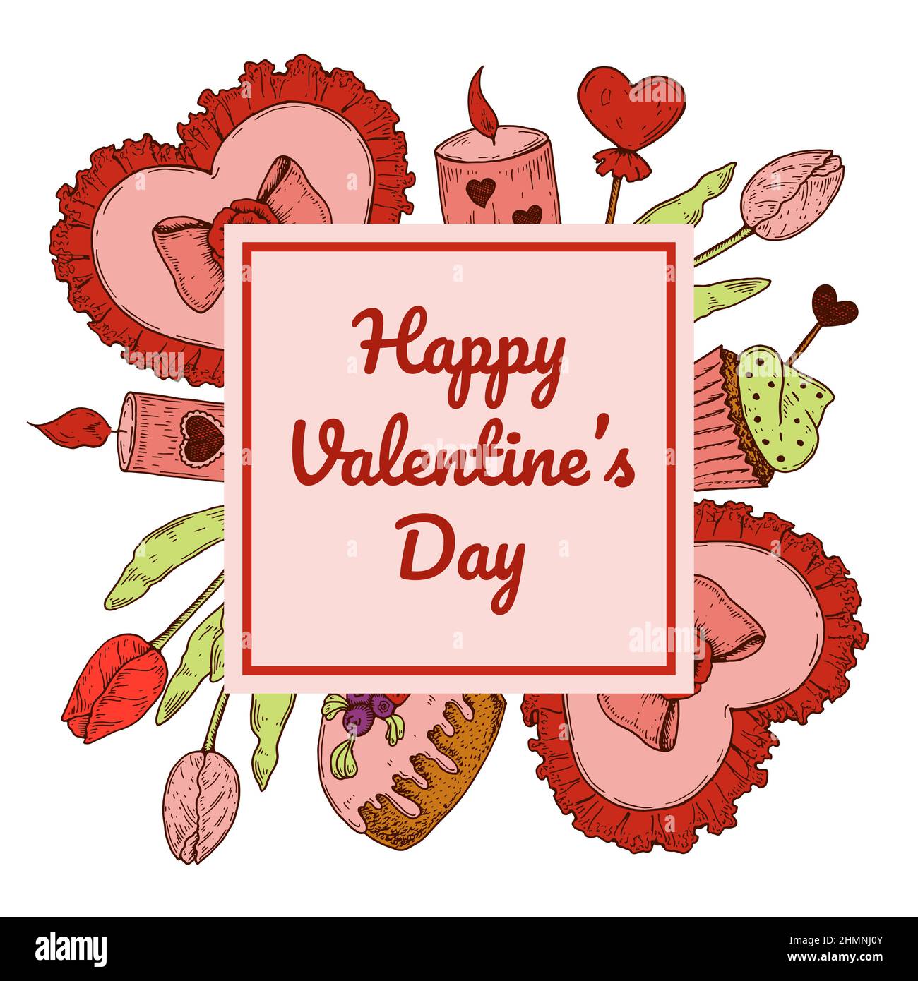 Valentines day greeting card with hand drawn elements. Vector illustration Stock Vector