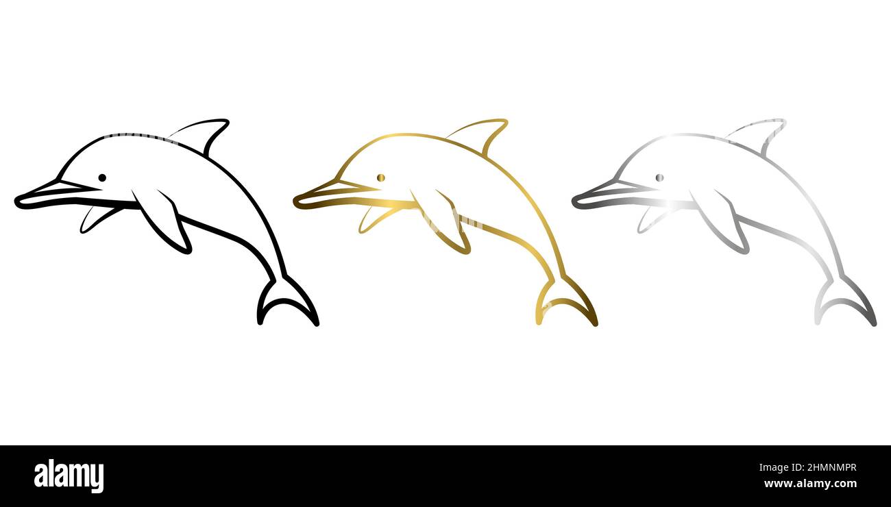 Three color black gold and silver Line art vector illustration of a dolphin Stock Vector