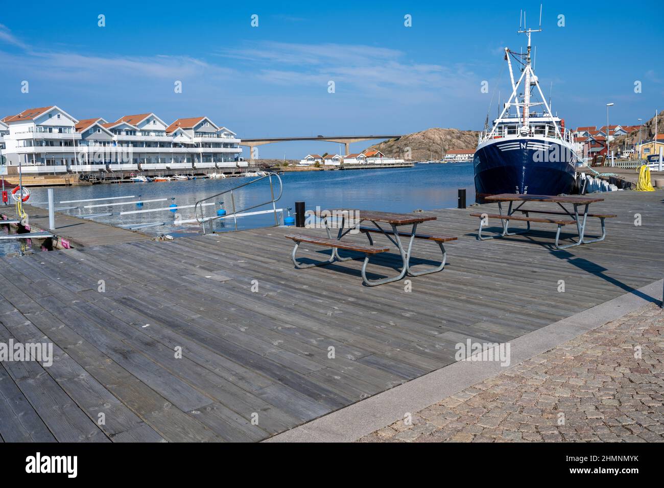 September 10, 2021 - Kungshamn, Sweden: A view of the bridge to Smogen, the picturesque island town dubbed the Swedish seafood capital Stock Photo