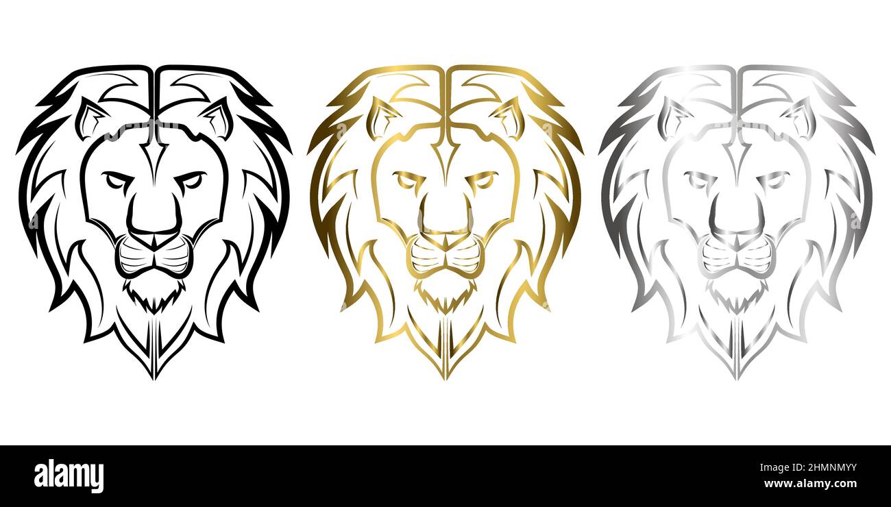 Three color black gold and silver line art of the front of the lion head It is sign of leo zodiac Good use for symbol mascot icon avatar tattoo T Shir Stock Vector