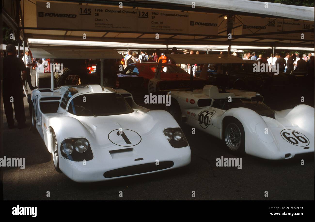 The innovative Chaparral 2E and 2F sports prototypes in the Paddock at the 2003 Goodwood Festival of Speed. Stock Photo