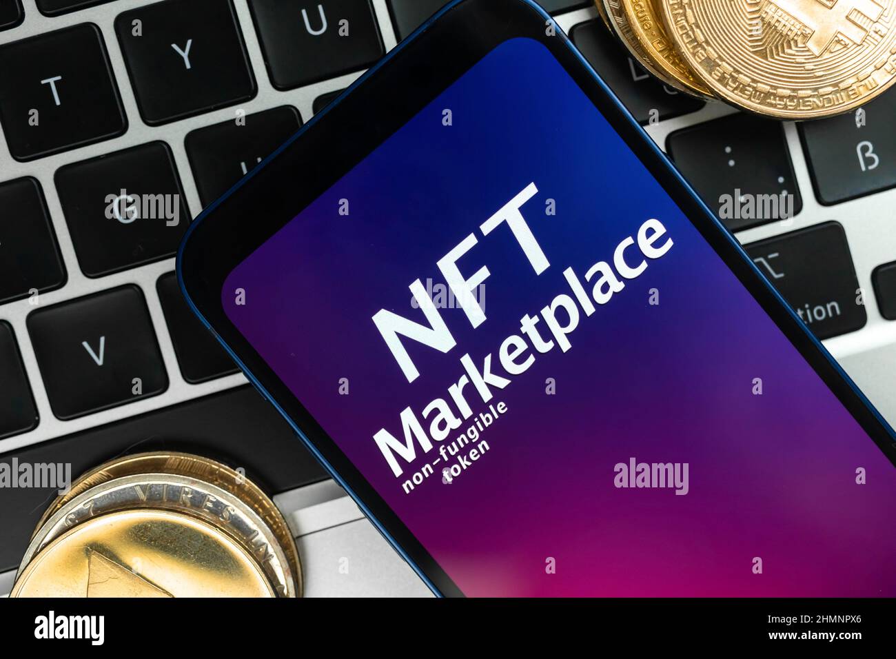 NFT cryptoart marketplace concept. Mobile phone for working with non ...