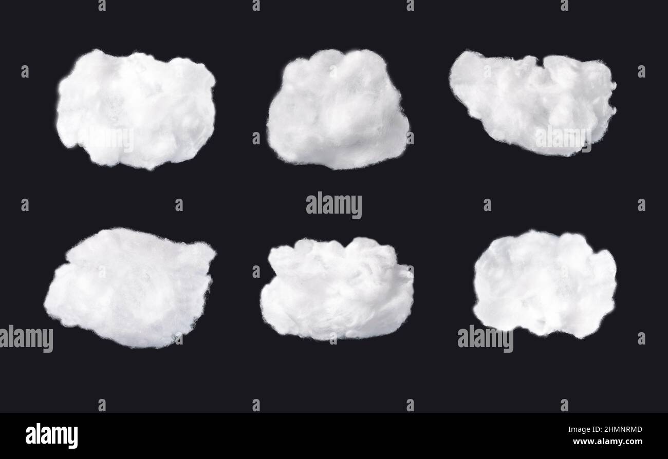 Cotton clouds set isolated on black background. Cloudy weather concept. High quality photo Stock Photo
