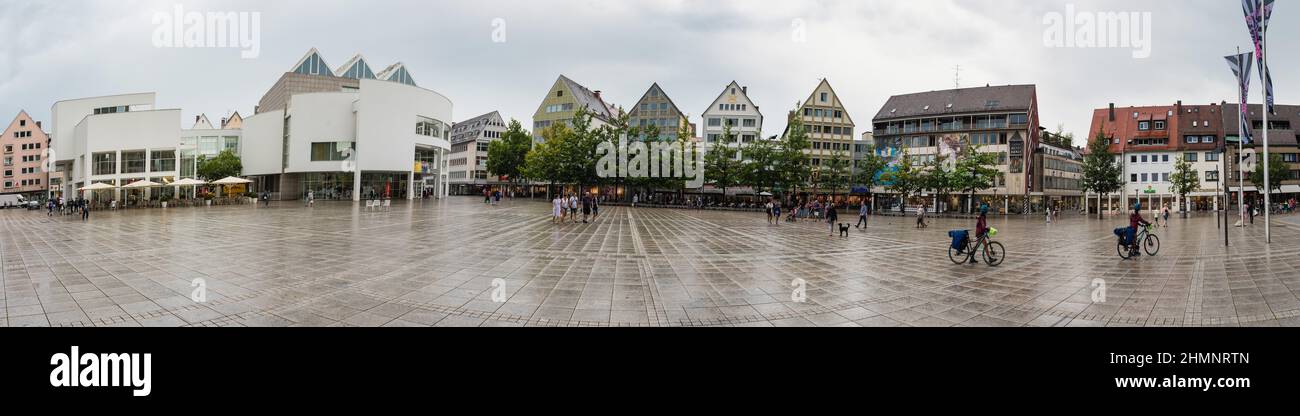 Ulm, Bavaria / Germany - 08 07 2018: Panoramic view of the main market square in the rain Stock Photo