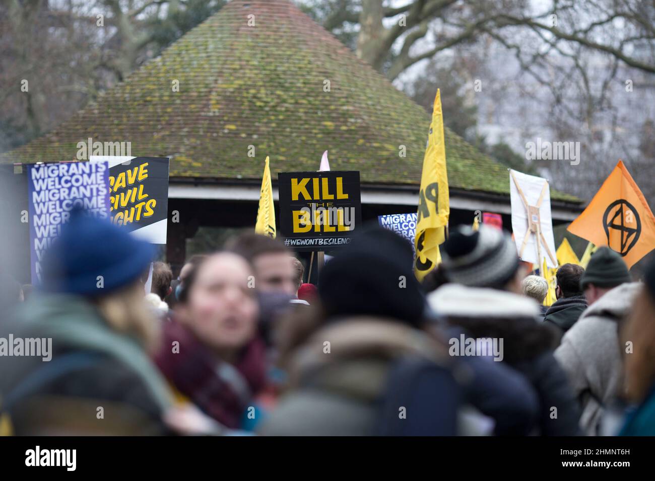 Participants gather and march during a Kill The Bill rally against the Police, Crime, Sentencing and Courts Bill in central London. Stock Photo
