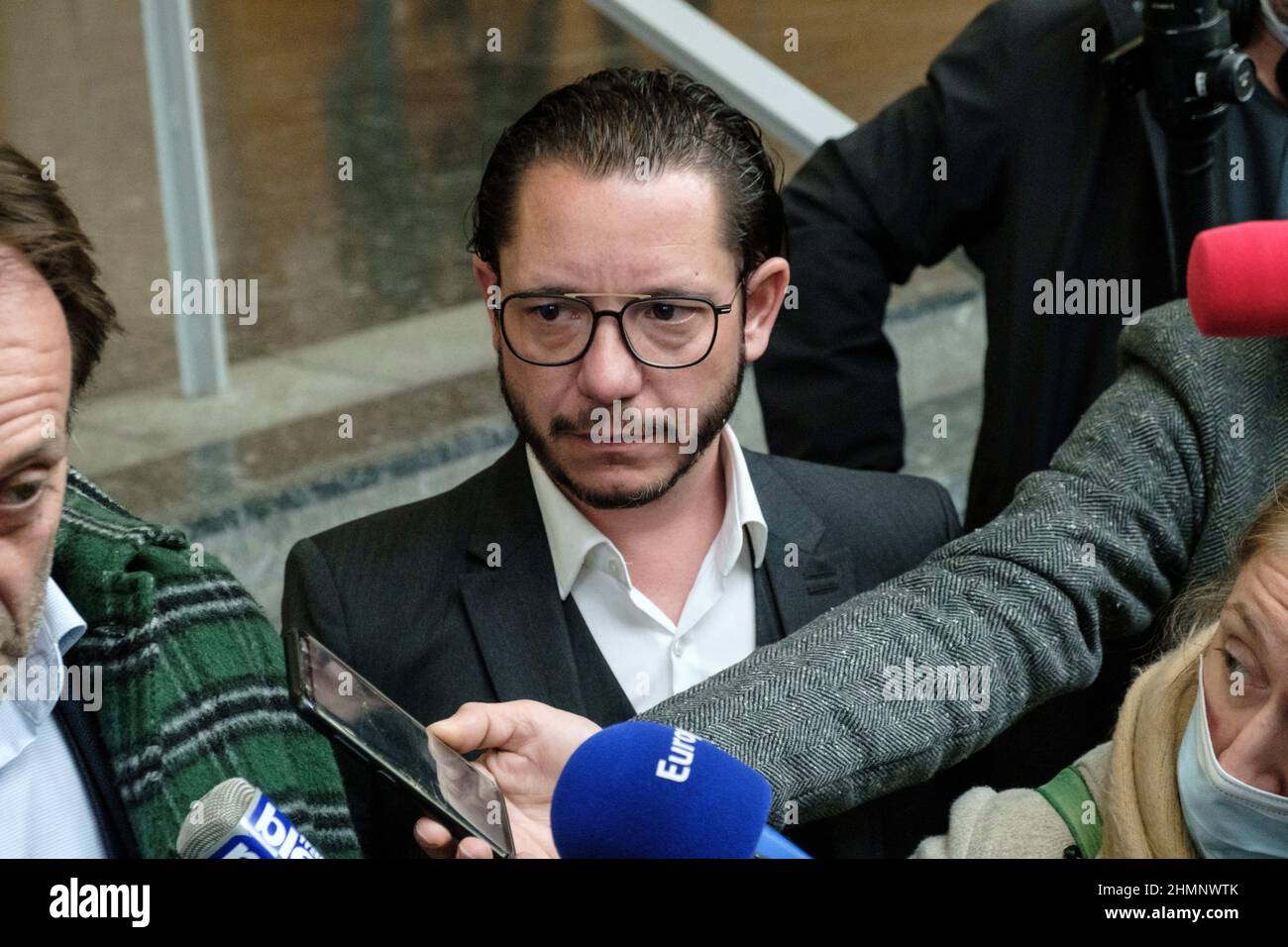 French lawyer for Cedric Jubillar, Jean-Baptiste Alary giving a press  conference after hearing at Toulouse's courthouse, southern France on  February 11, 2022. The husband of Delphine Jubillar, a 33-year-old nurse  who went