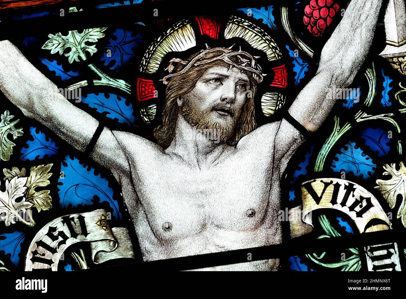 Stained glass image of Jesus Christ during crucifixion in Dore Abbey Herefordshire UK in 2022 Stock Photo
