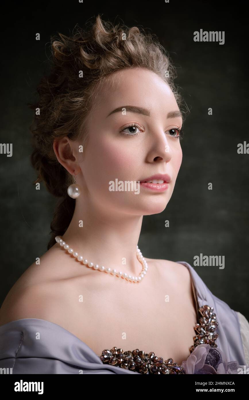 Closeup portrait of young adorable girl in image of medieval royal ...