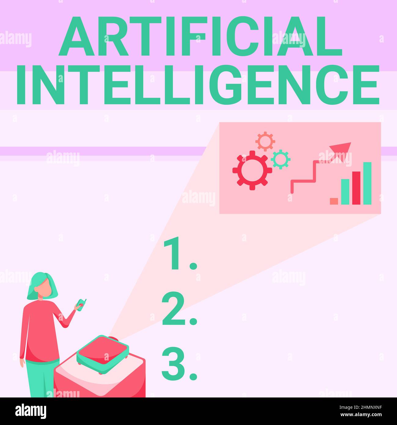 Handwriting text Artificial Intelligence. Business idea Machine copy Cognitive function like Problem Solving Lady Standing Holding Projector Remote Stock Photo