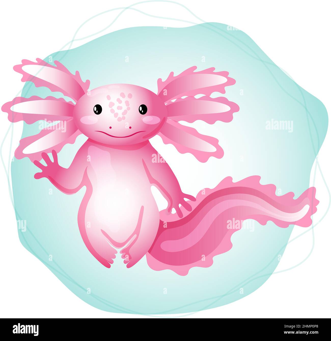 Cute axolotl, Ambystoma mexicanum, cartoon style vector illustration. Pink friendly axolotl. Stock Vector