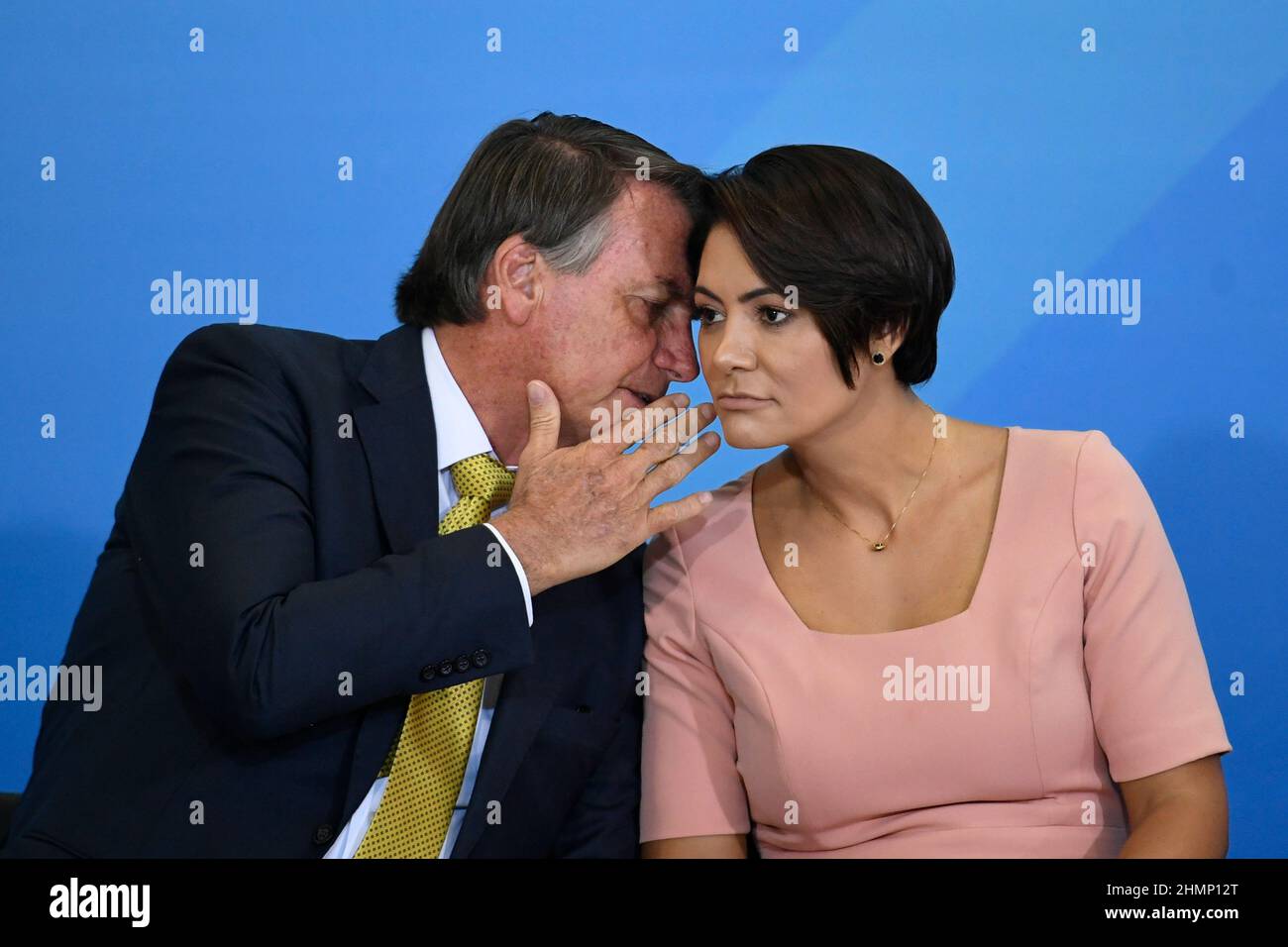 DF - Brasilia - 02/11/2022 - BRASILIA, CEREMONY FOR HIRING THE DISABLED BY CAIXA - The President of the Republic, Jair Bolsonaro, accompanied by the First Lady, Michelle Bolsonaro, this Friday, February 11, during a ceremony alluding to the hiring of people with disabilities by CAIXA held at Palacio do Planalto. Photo: Mateus Bonomi/AGIF/Sipa USA Stock Photo