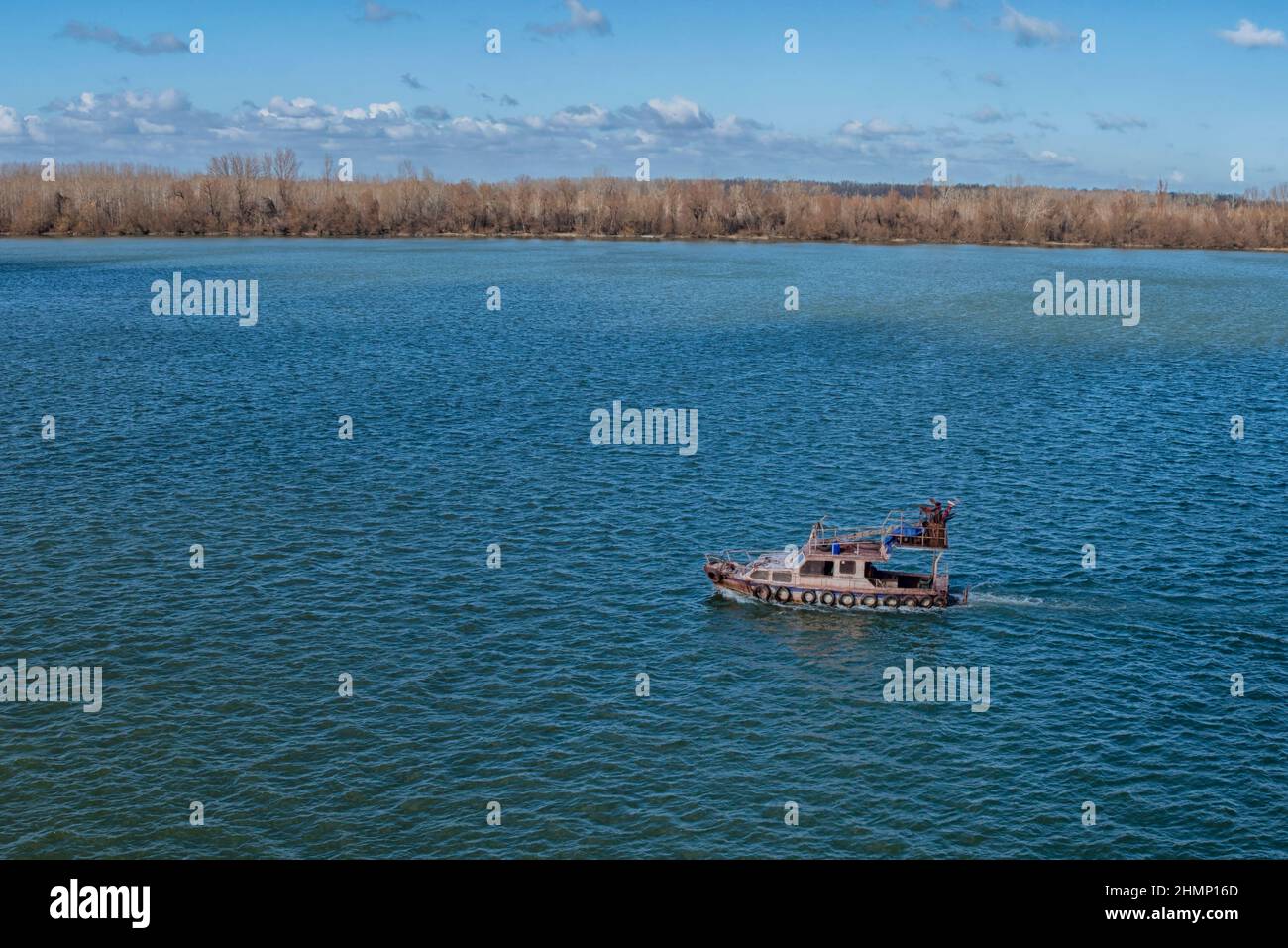 Fishing Boat on Danube River near Smederevo, Serbia Stock Photo