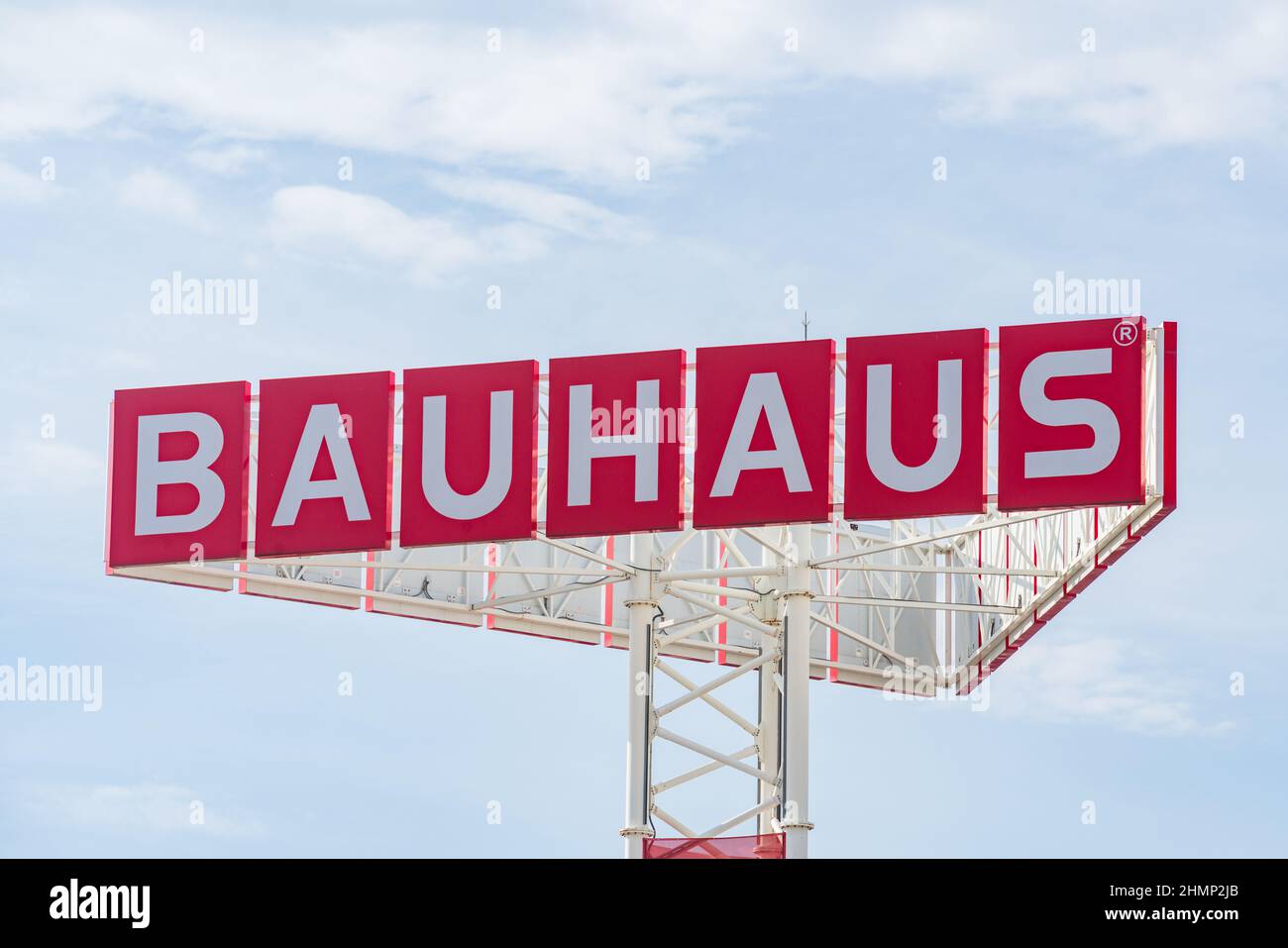 Alfafar, Valencia, Spain. February 4, 2022. Bauhaus logo against the sky in Alfafar commercial park. Stock Photo