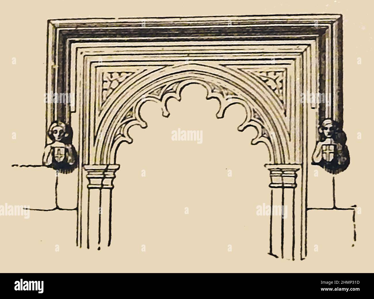 Architecture - A 19th century illustration of a Dripstone or Weather Moulding (called a Label when square moulding was used.) Used particularly in British (and foreign) ecclesiastical  buildings. Stock Photo