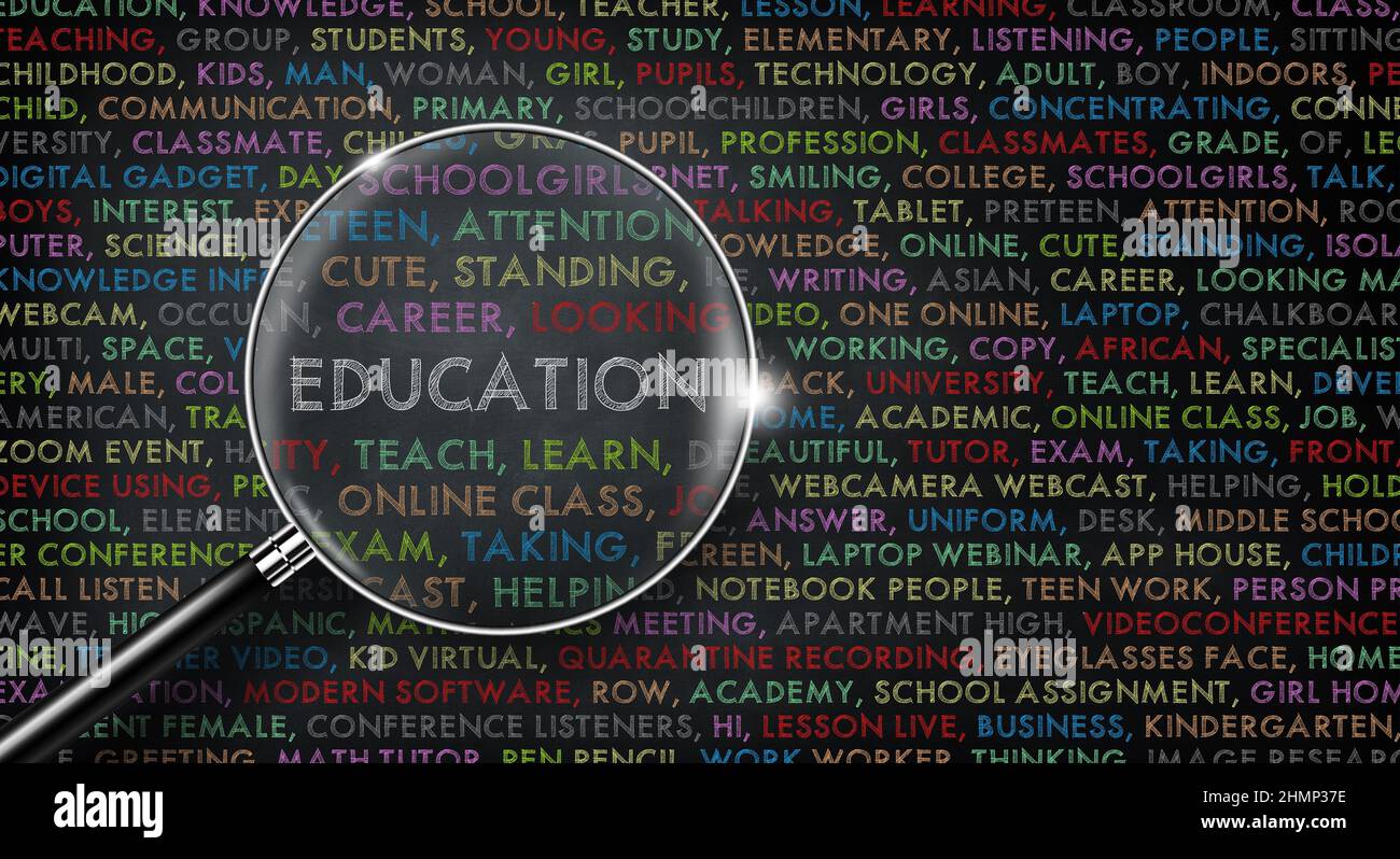 Magnifying glass on Education word. EDUCATION word cloud collage on black board. Business background concept. 3D illustration. Stock Photo