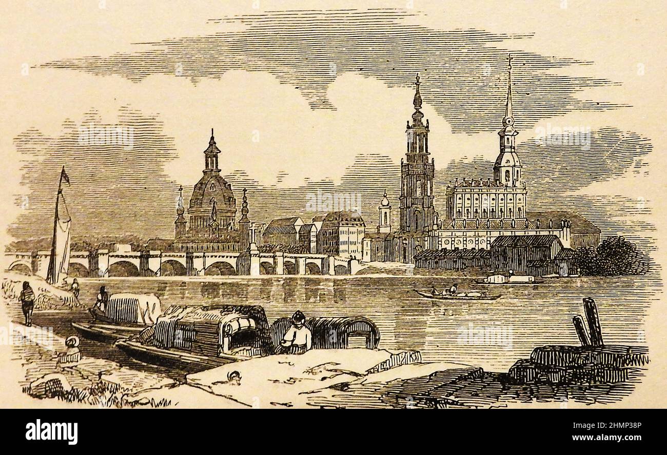 An old engraving of Dresden, Germany as it was in 1897 showing the old bridge, Church of Our Lady and Church Court. It was first mentioned in 1206 and became the residence of the sovereigns from 1485. Dresden became famous for its Meissen china (actually made 14 miles away). Also known by its Saxon name Dräsdn and  by its  Upper Sorbian name  Drježdźany. It  is the capital city of the German state of Saxony and the 2nd  most populous city, after Leipzig. During WWII, it's centre was destroyed completely by US and British bombers, controversially killing an estimated   25,000 people. Stock Photo