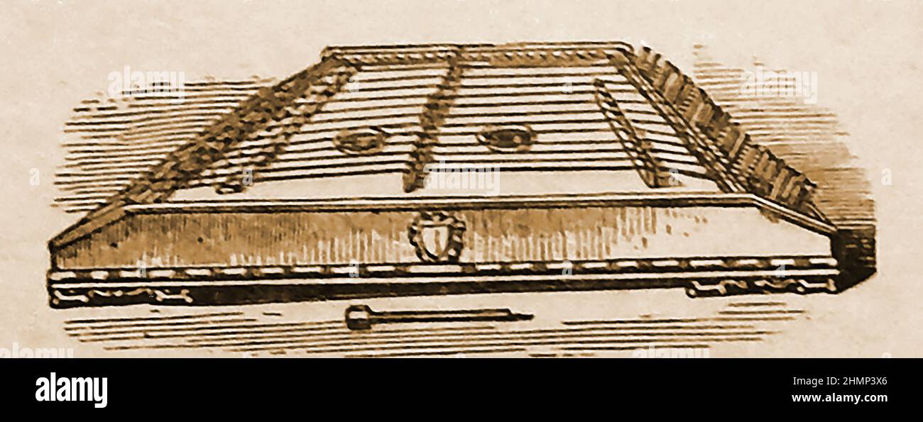 A 19th century illustration of an Italian dulcimer and hammer, still being used by street entertainers in England at that time. Variations include the hammered dulcimers and the plucked dulcimers such as the  Appalachian dulcimer, though both methods can be used to play them all. Stock Photo