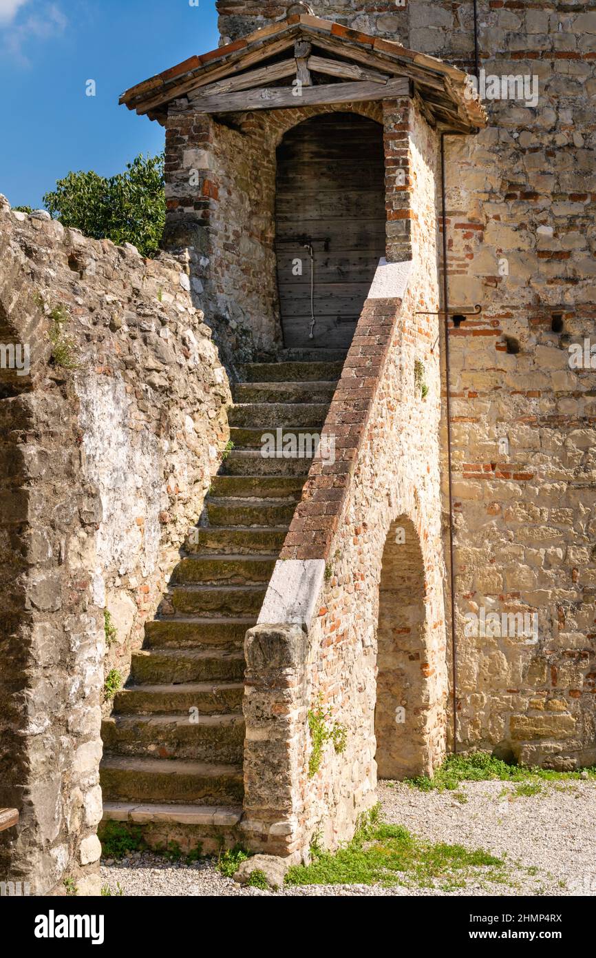 Ancient external stone staircase of the castle of Asolo, Treviso, Italy Stock Photo