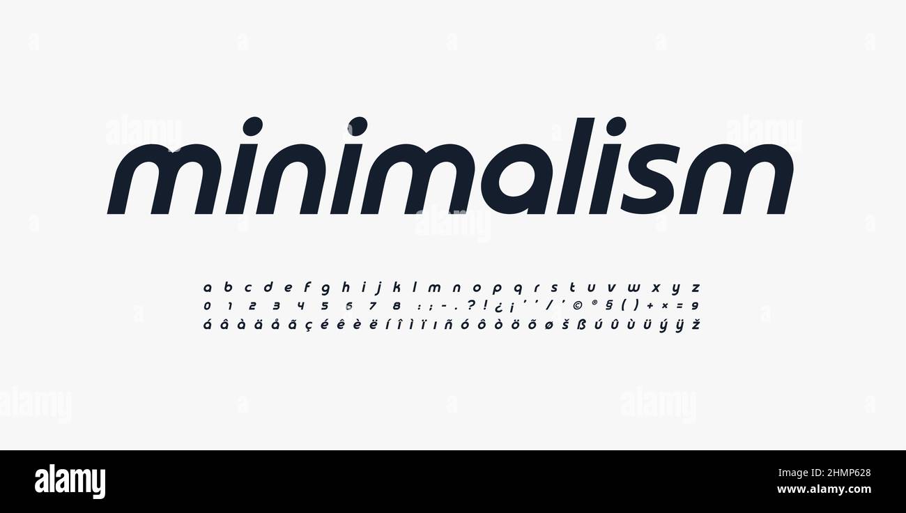 Minimalism sans serif font, sleek typeset, calm style rounded alphabet. Lowercase letters with multilingual coverage, numbers, punctuations. Vector Stock Vector