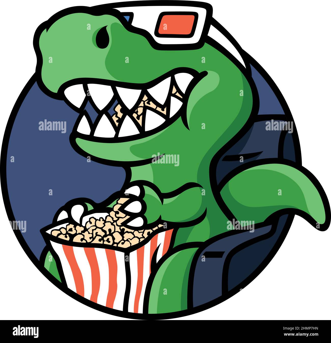 Cute T-Rex Dinosaur wearing 3D Glass and chewing popcorn Stock Vector