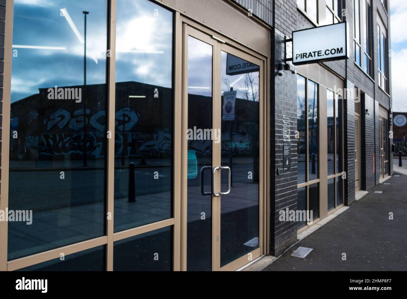 entrance to Pirate.com in Hackney Wick, providing studio space for musicians, podcasters, dancers and DJs. Stock Photo