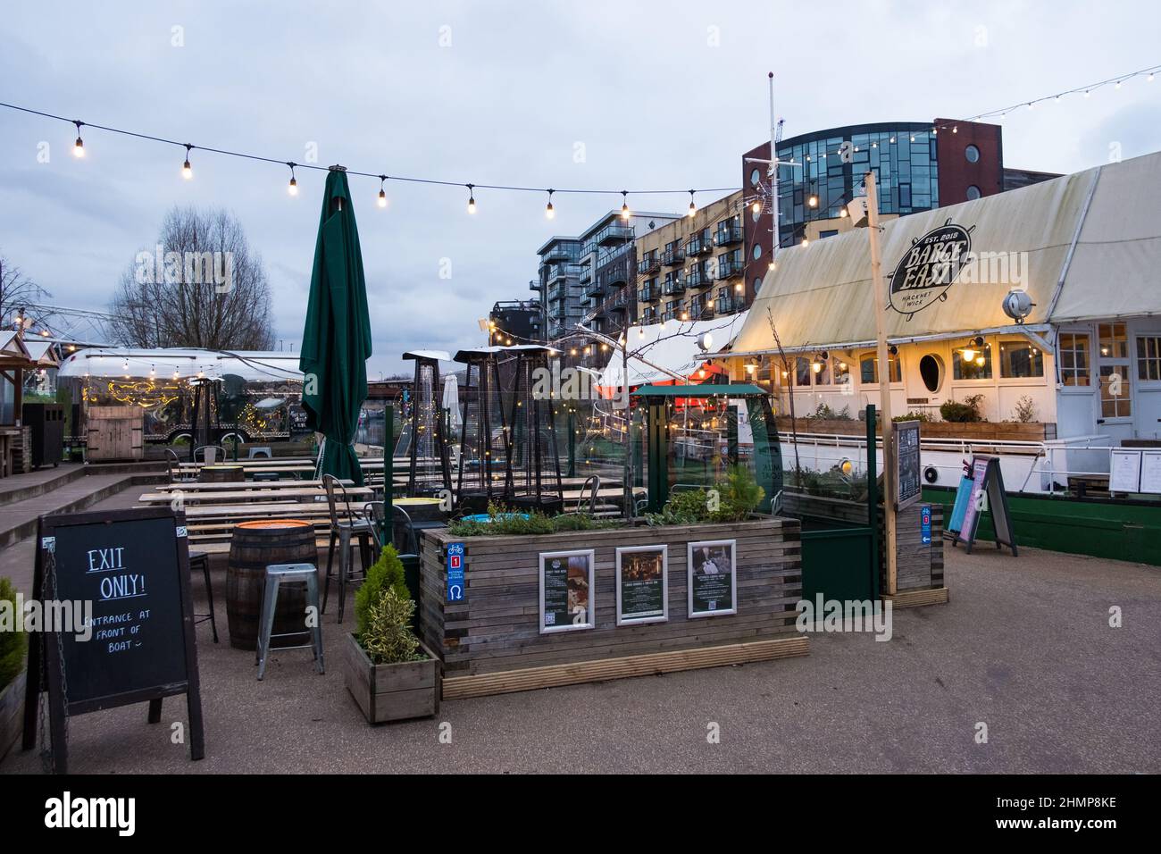 Barge East, a restaurant and bar housed on a Dutch Barge moored in Hackney Wick, East London Stock Photo