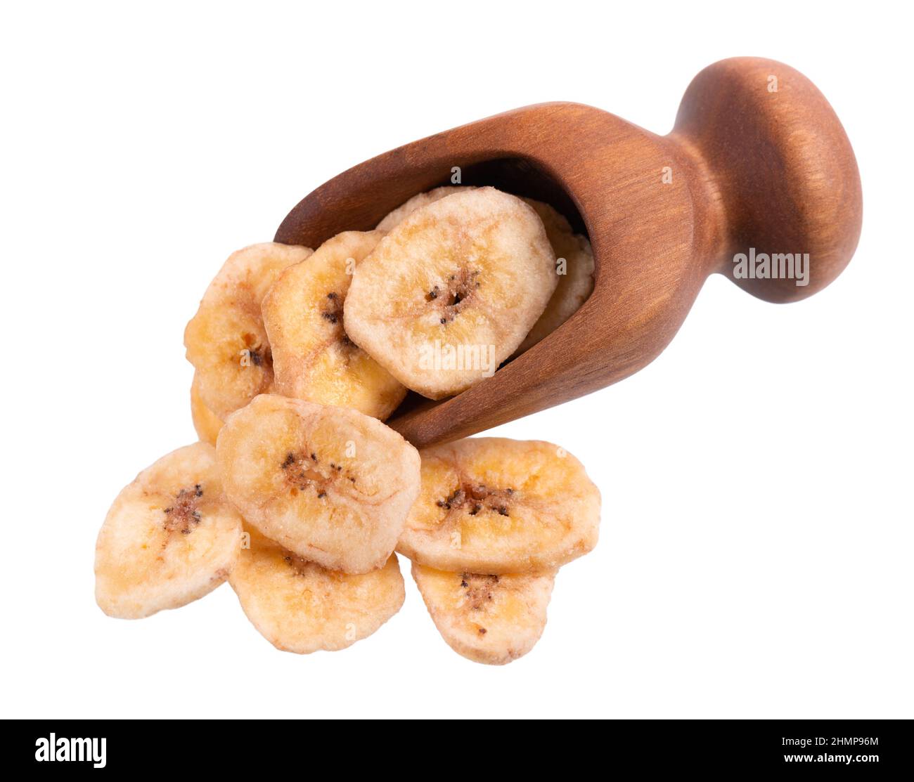 Banana chips in wooden scoop, isolated on white background. Dried fruit