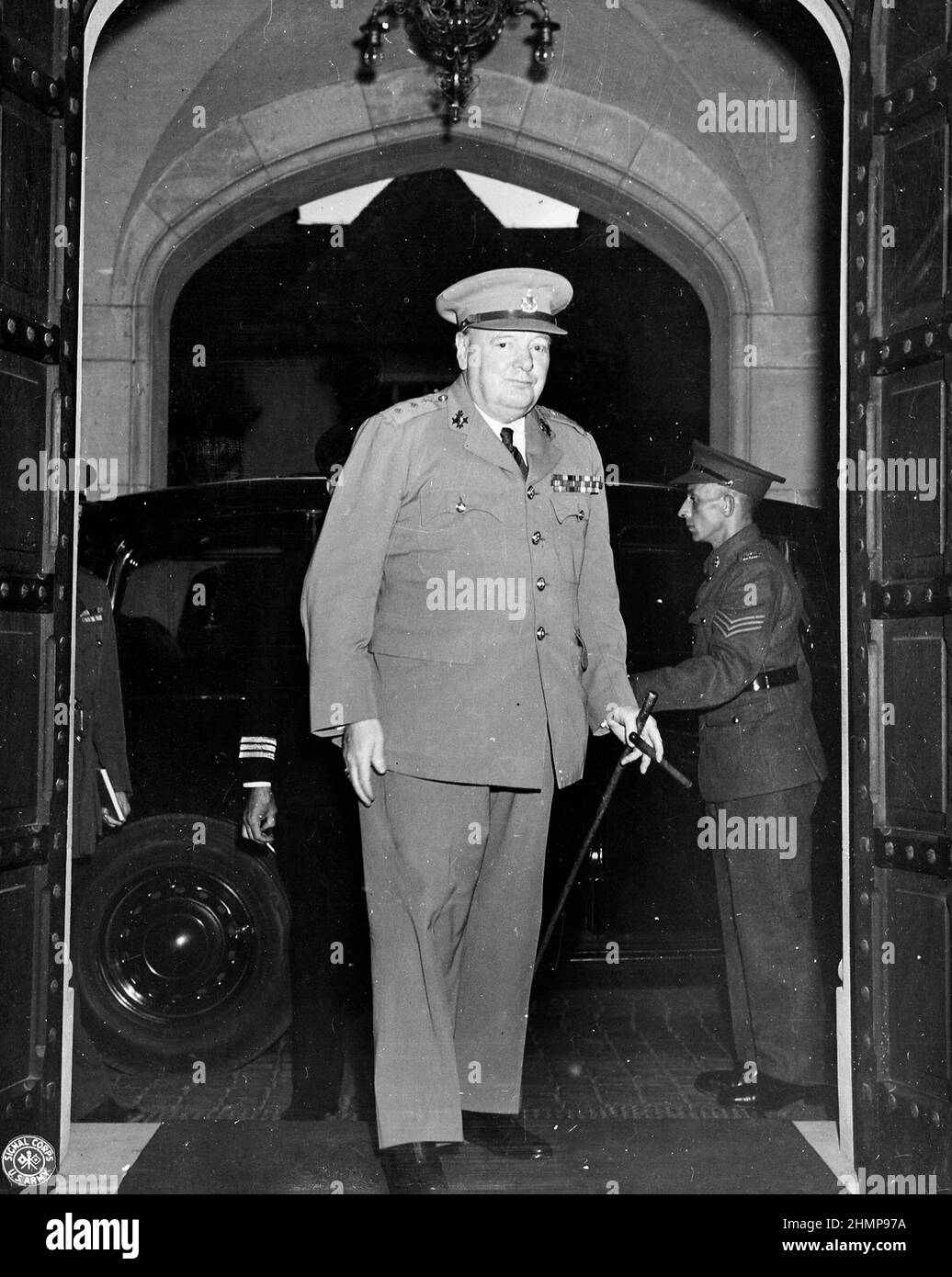 British Prime Minister Winston Churchill arrives at Cecilienhof Palace in Potsdam, Germany, 17 July 1945. Stock Photo