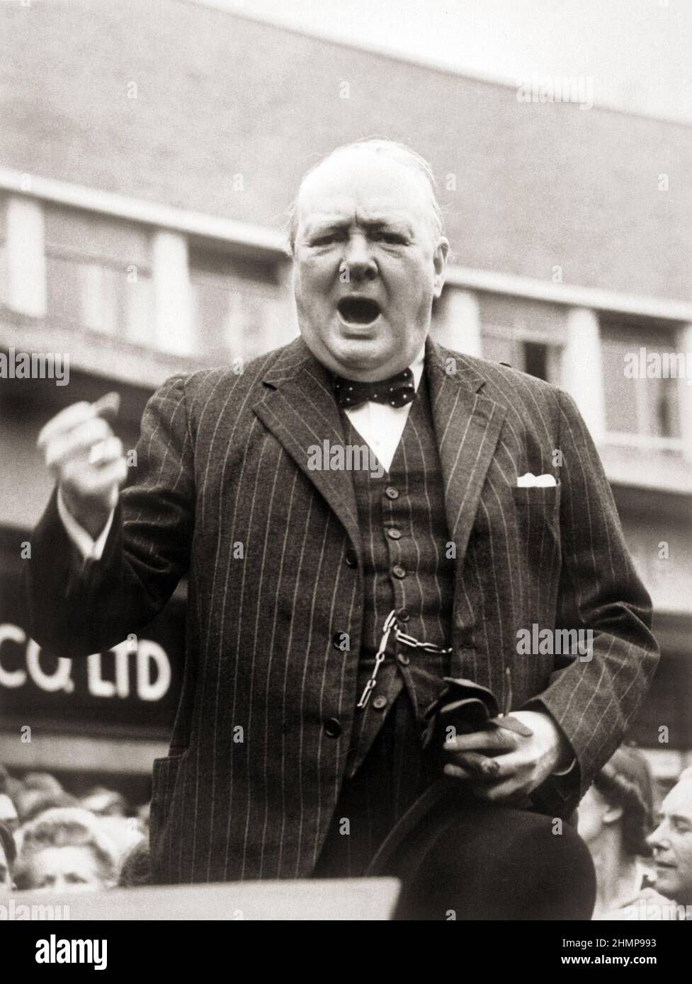 The Prime Minister Winston Churchill makes a speech in Uxbridge, Middlesex, during the general election campaign on 27 June 1945. Stock Photo