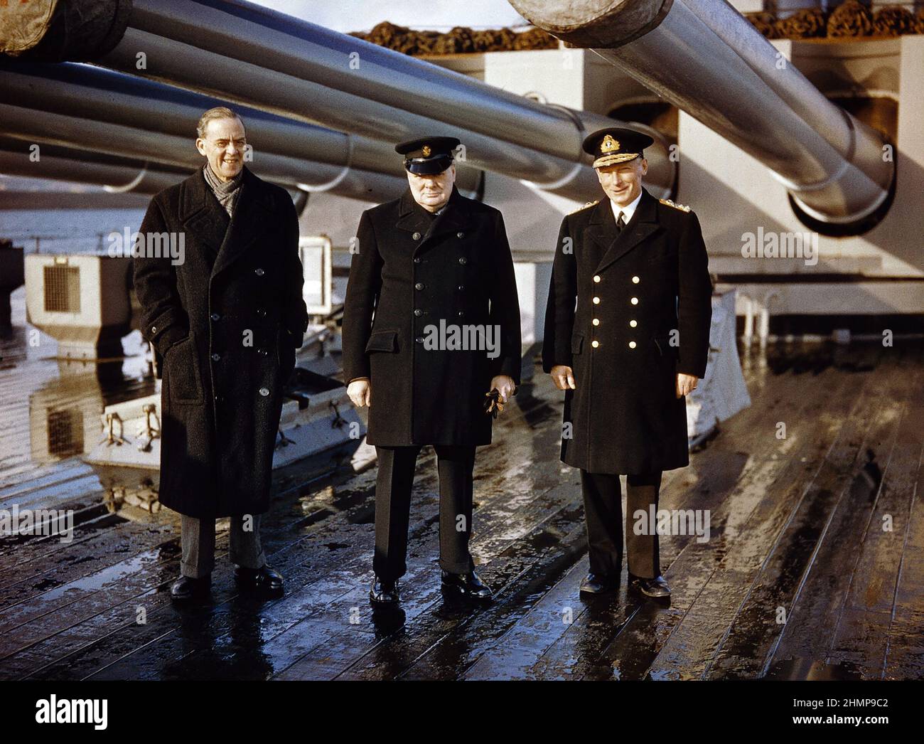 Winston Churchill with the Lord Privy Seal, Sir Stafford Cripps, and the Commander-in-Chief Home Fleet, Admiral Sir John Tovey. Oct 1942. Stock Photo