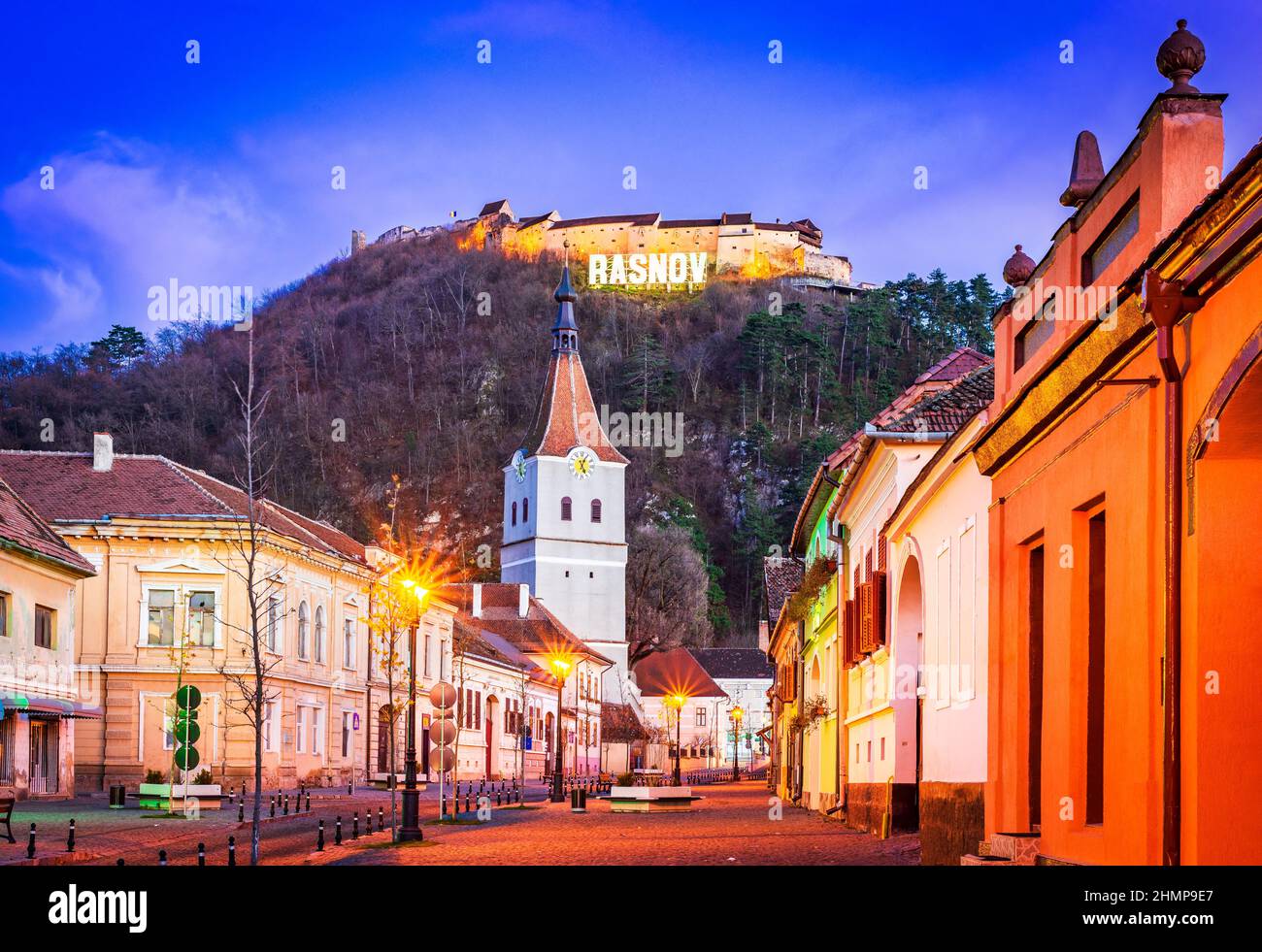 Rasnov, Transylvania. Medieval downtown and hilltop fortress of Stock Photo