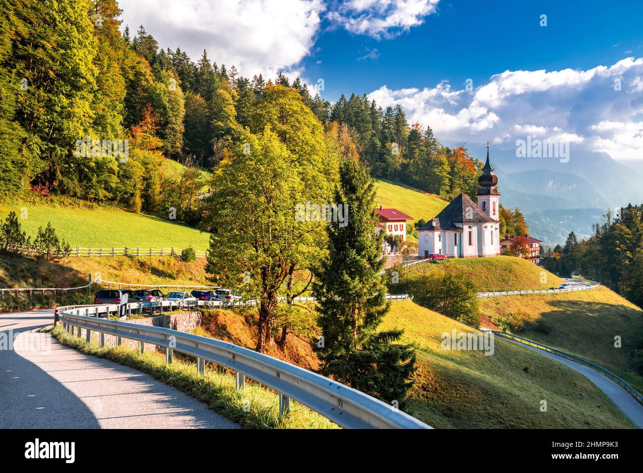 Berchtesgaden, Germany. Autumn landscape with famous Maria Gern church and Watzmann Mountain, Bavarian landscape. Stock Photo