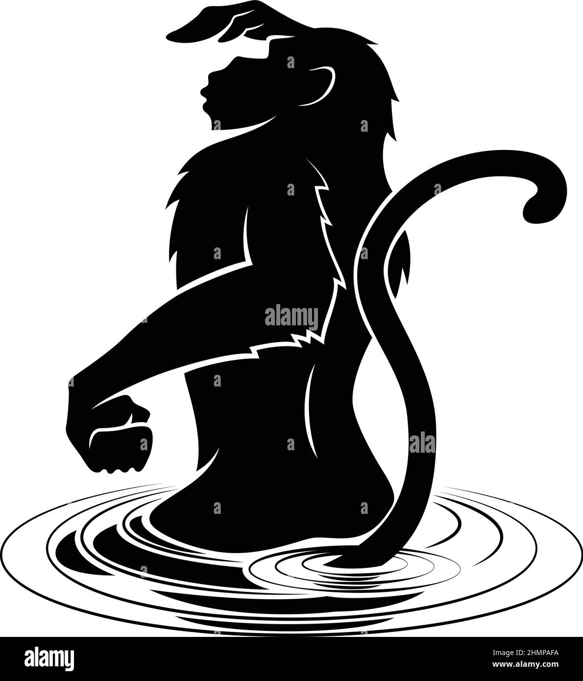 Silhouette of Monkey Standing in the Water Looking Far Away Stock Vector